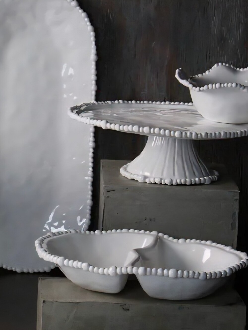 Beatriz Ball Vida Alegria Double Dip White Divided Serving Dish Beaded Rim - Picture 12 of 14